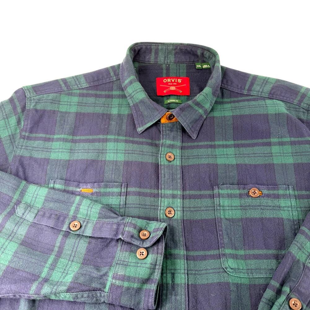 Orvis Flannel Shirt Mens XXL Black Watch Plaid Classic Fit Button Up Cotton